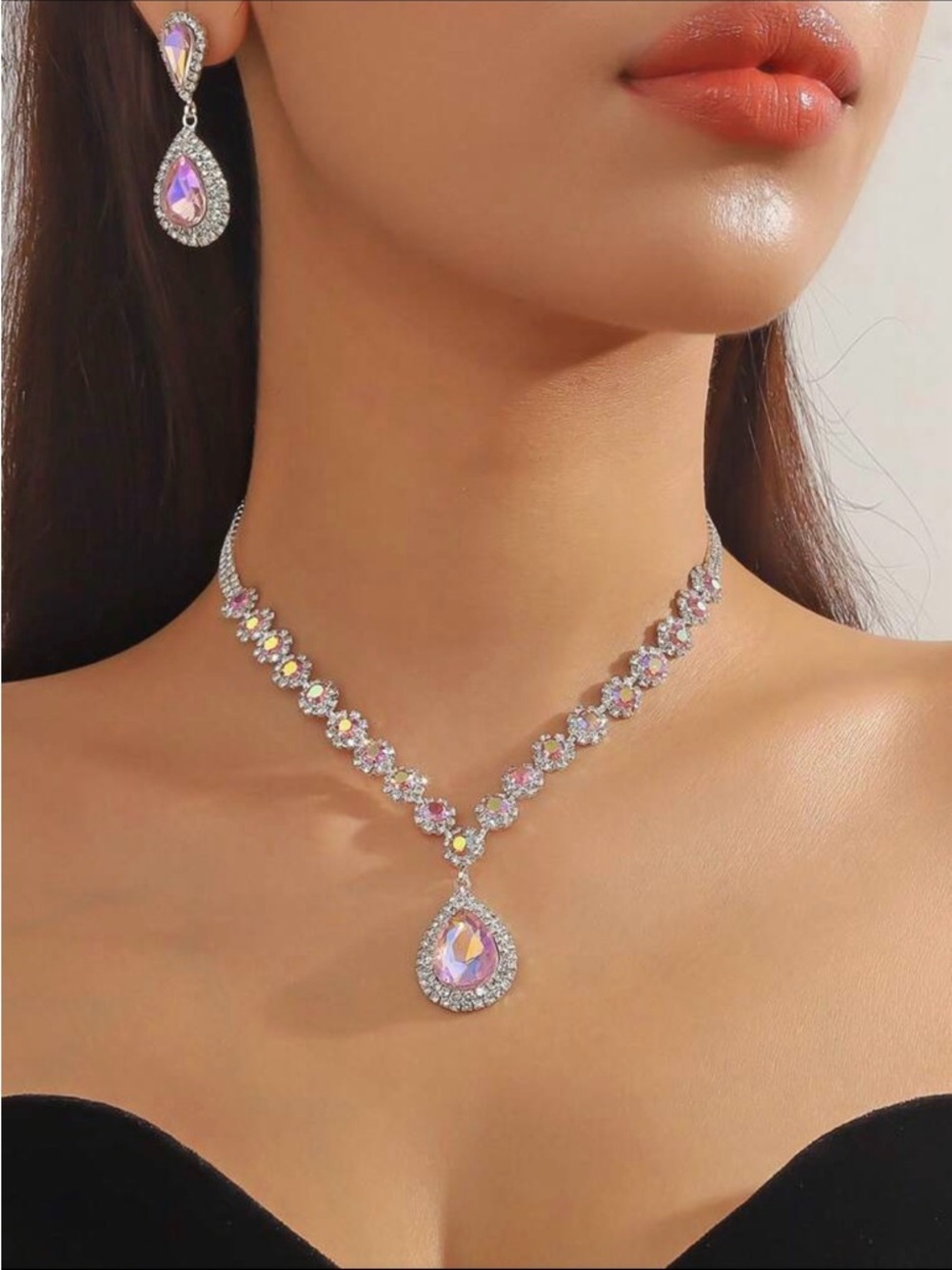 Elegant Pink Crystal Teardrop Necklace and Earring Set